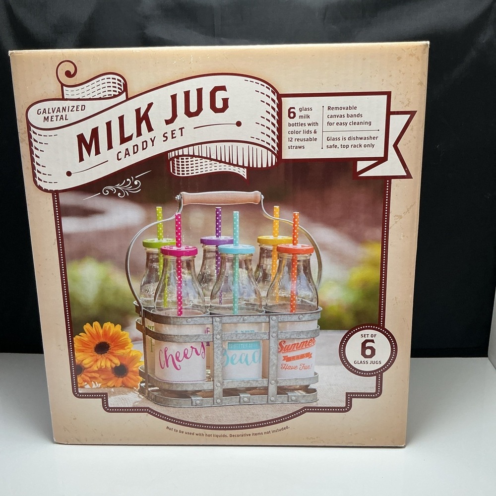 6 Summer drink Glass Milk Bottles Jugs Metal Caddy & 12 Reusable Straws